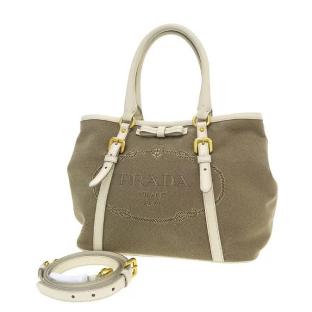 Prada Logo Jacquard Canvas Tote bag beige canvas white leather trim bow